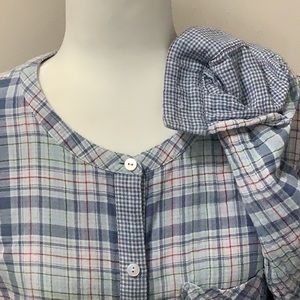 J.Jill  Mixed Plaid Long Sleeve Button Down Collarless Cotton Blouse